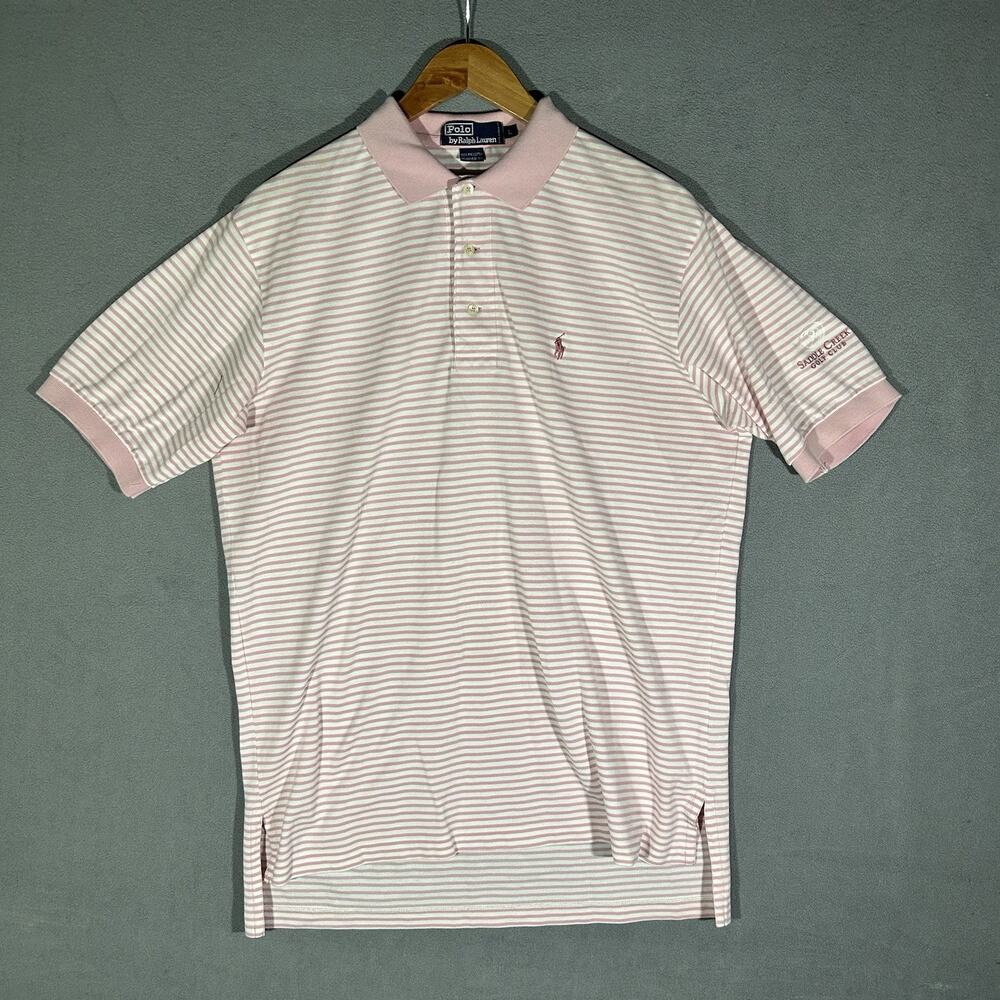 Polo Ralph Lauren Saddle Creek Golf Club Polo Shirt Mens L Pink Stripe Cotton